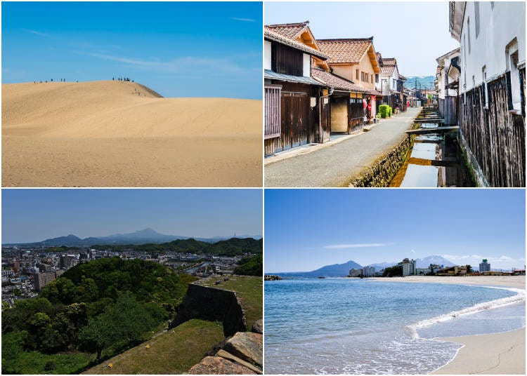 (Clockwise from top left: The towering sand dunes of Tottori’s “Umanose” ridge; White-walled storehouses along the Tamagawa River in Kurayoshi; Snow-capped Mt. Daisen seen from Kaike Onsen Beach; Scenic view from Yonago Castle ruins. Photos: PIXTA)
