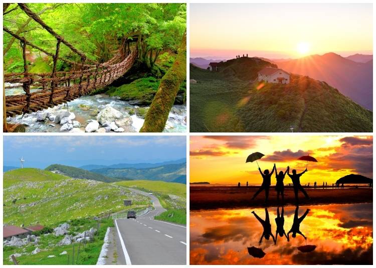 (Clockwise from top left: The lower Kazurabashi Bridge (Onna Bridge) along the trail at Oku-Iya Niju Kazurabashi in Miyoshi, Tokushima; sunrise over Mt. Miune, considered one of Shikoku’s most beautiful peaks; the magical sands of Chichibugahama, where everyone becomes the star of the photo; scenic drive through the alpine-like landscape of Shikoku Karst near Himezurudaira. Photos: PIXTA)