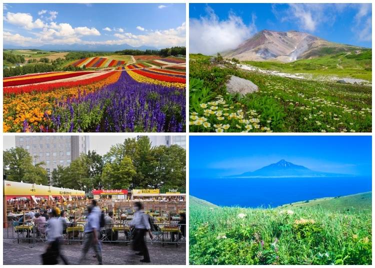 (Clockwise from top left: flower fields at Shikisai no Oka; summer view of Mt. Asahidake; Mt. Rishiri seen from the Momoiwa Trail on Rebun Island; Sapporo Odori Beer Garden. Photos: PIXTA)