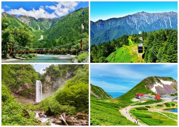 (Clockwise from top left: Kamikochi’s serene riverscape; summer ride on the Shin-Hotaka Ropeway with Mt. Kasagatake in view; Mt. Norikura; Hirayu Great Falls near Okuhida Onsen. Photos: PIXTA)