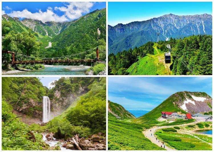 (從左上角開始順時針方向依序為:上高地寧靜的河景;夏季乘坐新穗高纜車,欣賞笠岳的景色;乘鞍岳;奧飛騨溫泉附近的平湯大瀑布。圖片來源:PIXTA)
