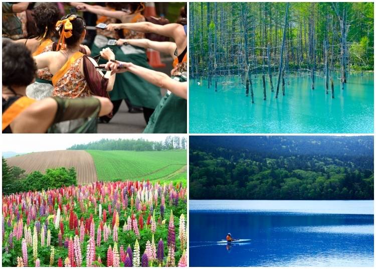 (Clockwise from top left: YOSAKOI Soran Festival dancers in vibrant motion; The vivid blue waters of Aoike Pond; Kayaking on the serene waters of Lake Onnetō; A field of lupines at Shikisai no Oka. Photos: PIXTA)