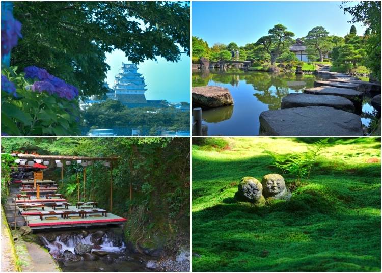 (Clockwise from top left: Hydrangeas and Himeji Castle; Koko-en Garden at the site of Himeji Castle’s West Bailey; Warabe Jizo statues at Sanzen-in Temple in Ohara; Riverside dining platforms along the Kifune River in Kyoto. Photos: PIXTA)