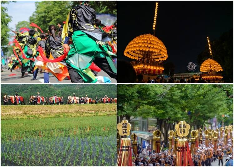 (Clockwise from top left: Energetic performances at the YOSAKOI Soran Festival; Illuminated floats and fireworks at the Atsuta Festival; Parade at the Hyakumangoku Festival in Kanazawa; Decorated horses in the Chagu Chagu Umakko Festival. Photos: PIXTA)