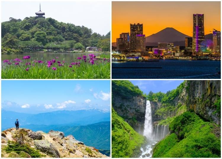 (Searah jarum jam dari kiri atas: Bunga iris bermekaran di Sankeien Garden; Pemandangan malam khas Yokohama berwarna ungu dengan Gunung Fuji di kejauhan; Air Terjun Kegon dilihat dari dek observasi di Nikkō; Panorama dari puncak Gunung Nikkō-Shirane. Foto: PIXTA)