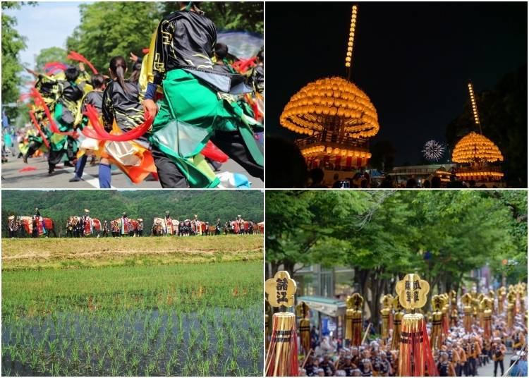 (Searah jarum jam dari kiri atas: Penampilan energik di YOSAKOI Soran Festival; Lampion menyala dan kembang api di Atsuta Festival; Arak-arakan di Hyakumangoku Festival di Kanazawa; Kuda berhias di Chagu Chagu Umakko Festival. Foto: PIXTA)