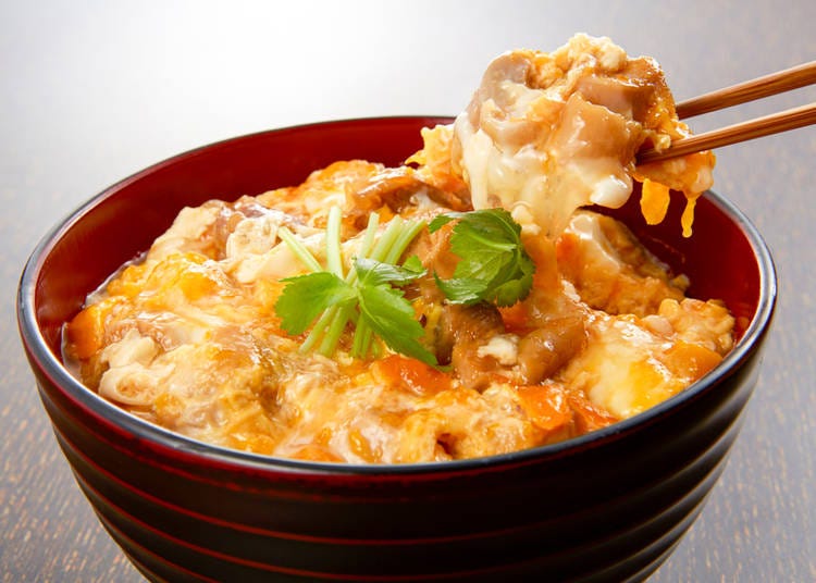 Oyakodon is chicken and eggs simmered in sauce and served over rice.