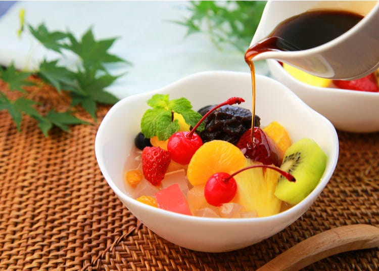 Anmitsu is a dessert with fruit, gelatin and red bean paste.