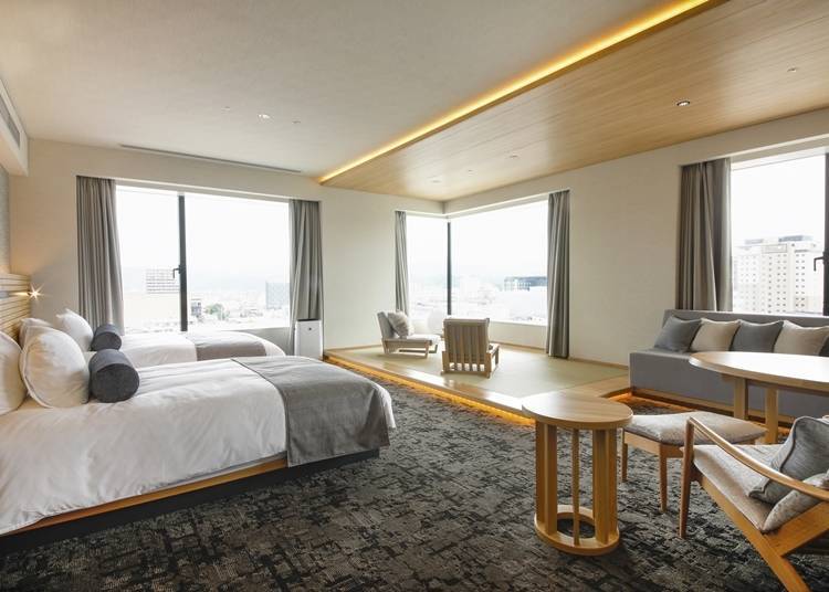 The suites are located on the east and north corners of the hotel, with wide windows that offer a panoramic view of Hida Takayama (Image courtesy of Takayama Green Hotel).