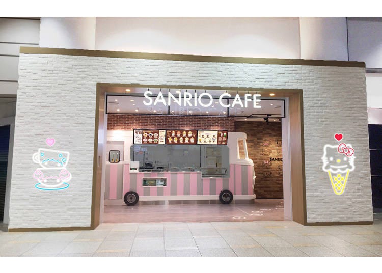 Exterior image of SANRIO CAFE Ikebukuro. It's about an 8-minute walk from Ikebukuro Station, just off the underground escalator from Sunshine Road to Sunshine City