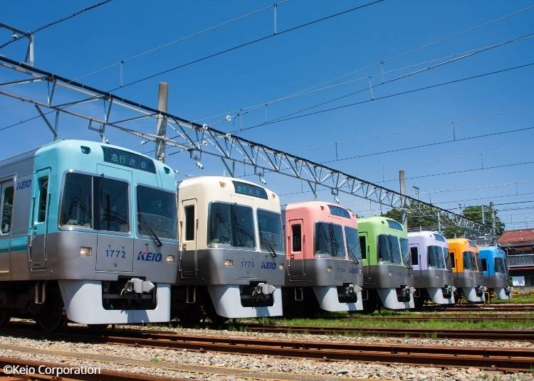 A rainbow of Keio trains lined up at a Train Inspection Facility near Fujimigaoka Station (Keio Inokashira Line). Copyright: © Keio Corporation
