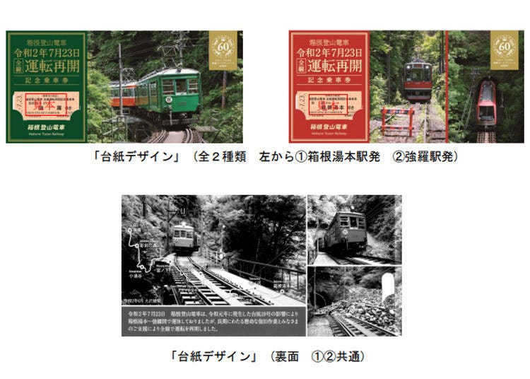 記念乗車券は①箱根湯本駅発、②強羅駅発の2種類。1枚または2枚セットから選べます