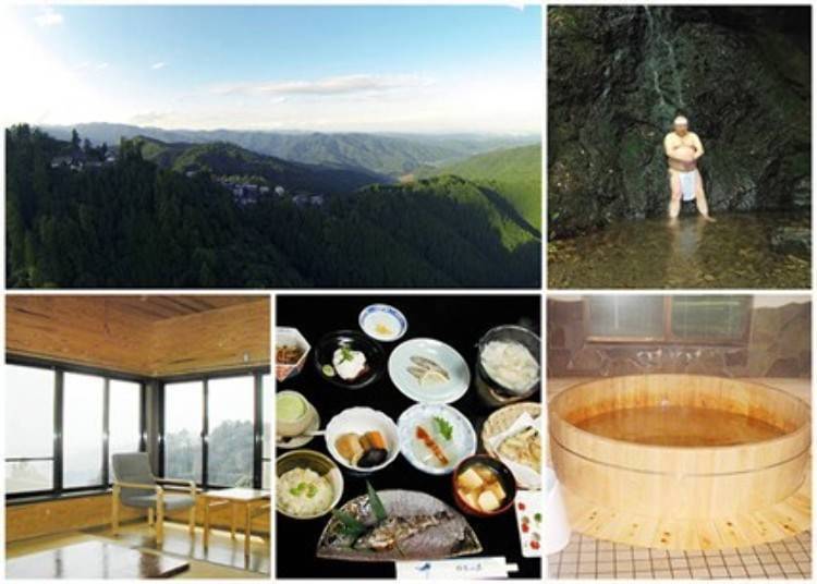 1: Seeing Musashi Mitake Shrine and the temple village in the distance / 2: Waterfall training / 3: If the weather is good, you can see the Bōsō peninsula and Enoshima from this room / 4: An example of a dinner of salt-grilled river fish and konjac / 5: A hot bath in a tub made of cypress wood