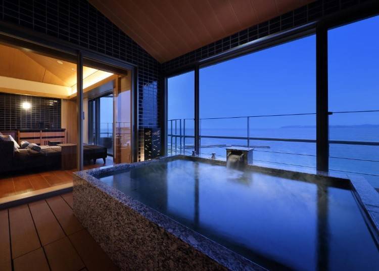 Japanese Suite with an open-air bath where you can enjoy the seaside view from the top floor