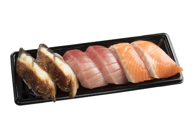 Chutoro Tuna, Fresh King Salmon & Large Cut Eel 6-piece Set, 660 yen (including tax)