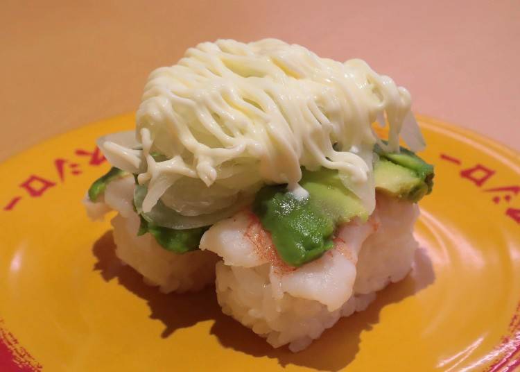 Shrimp Avocado: The #3 most popular item on the regular menu! (132 yen per plate)