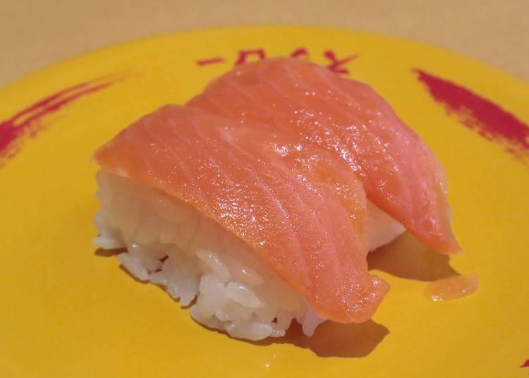 Salmon: The #3 most popular item on the takeout menu! (132 yen per plate)