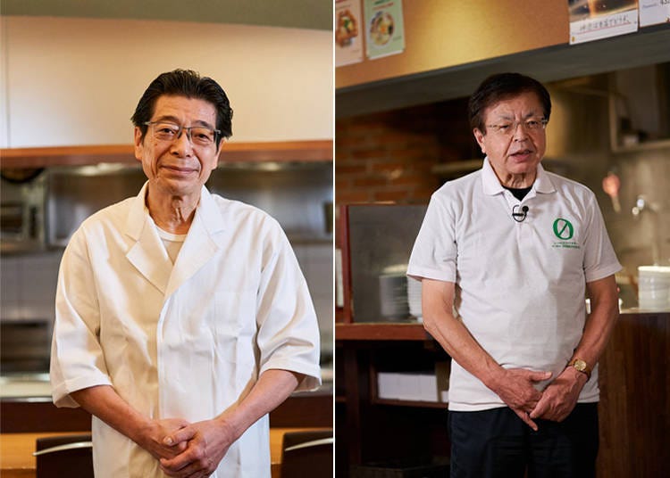 Left: Mr. Hishinuma, Chef at restaurant hishinuma. / Right: Mr. Harada, Owner of Nogizaka Maruhikoramen (ramen restaurant).