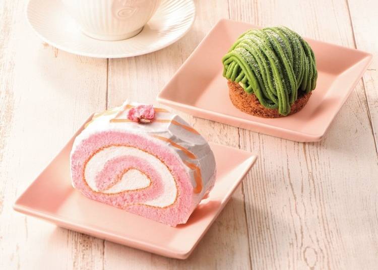 櫻花蛋糕捲（さくらロールケーキ）（圖左）／宇治抹茶蒙布朗（深み宇治抹茶のモンブラン）（圖右）