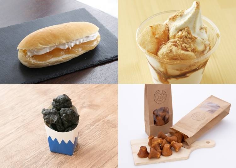 Clockwise from top left: Koppepan - Yamanashi Peach Butter; Kikyou Shingen Mochi Soft Serve; Fujiyama Honey Castella; Fujiyama 'Lava-fried Chicken' (Image: PR Times)