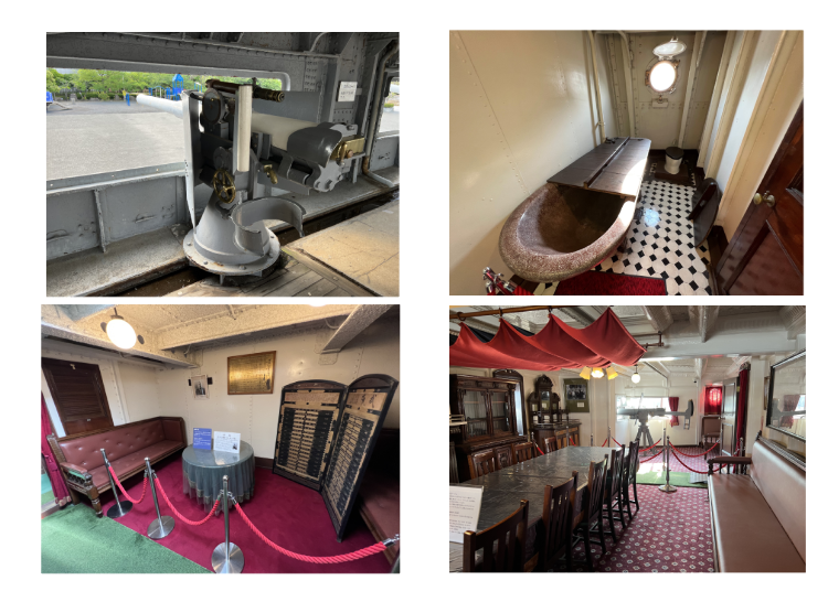 Upper left: Cannon on the upper deck - can be operated - very fun! / Lower left: Middle deck captain's office / Upper right: Middle deck captain's bathroom / Lower right: Middle deck senior officer's office