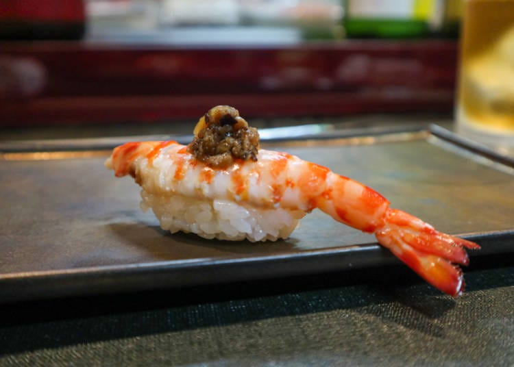 Shrimp topped with simmered minced shiitake mushrooms