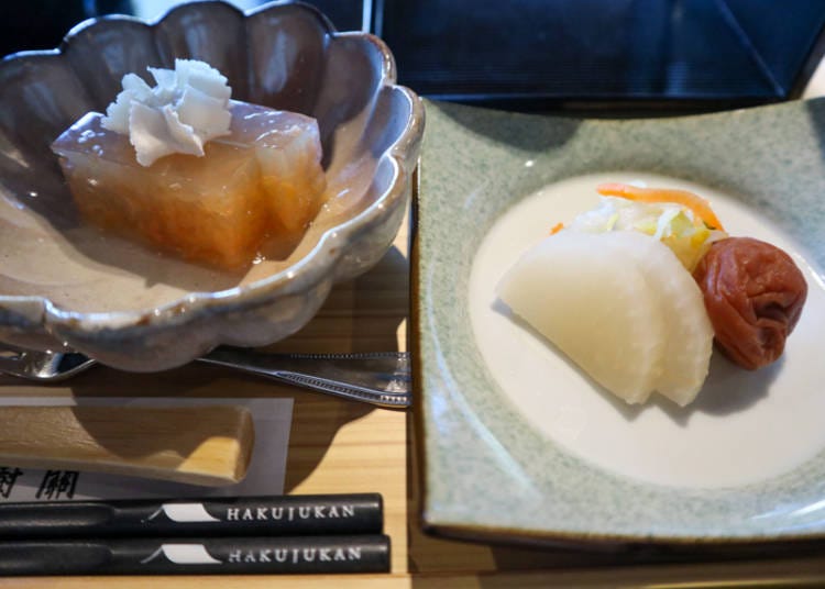 Right: Tuskemono pickles, Left: Grapefruit Jelly and soymilk cream