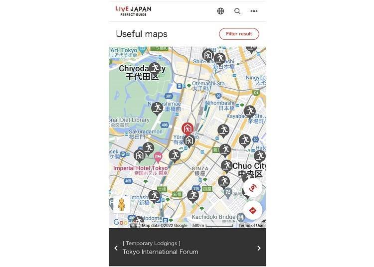 ■显示临时居住设施和疏散中心的LIVE JAPAN“便利MAP”