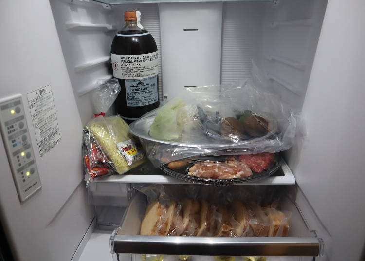 The dinnertime BBQ (pictured is for 2 people) and breakfast French toast ingredients (pictured is for four people) are all prepared in the refrigerator.