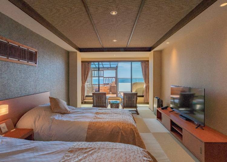 ■從窗戶就能瞭望河津濱海岸！舒適好住的和洋式客房