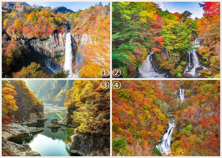 1. Kegon Falls / 2. Ryuzu Falls / 3. Ryuokyo Gorge / 4. Kirifuri Falls (Photos: PIXTA)