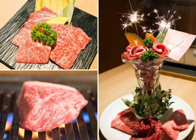 Top Left: Assorted Black Wagyu Platter, Bottom Left: Whole Wagyu Rump Steak, Right: "Nikuseidai" (Image: LIVE JAPAN article #a0004217)