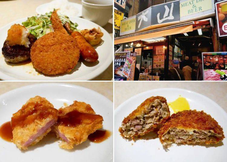 Lunch platter special in the top left, fried ham in the bottom left, and fried meatloaf in the bottom right. (Image: LIVE JAPAN article #a0002261)