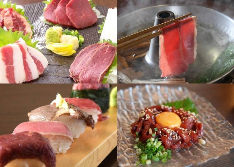 Top Left: Assorted Horse Meat Sashimi Platter, Bottom Left: Horse Meat Nigiri Sushi Platter, Top Right: Shabu-Shabu (Japanese hot pot), Bottom Right: Horse Meat Tartare. (Photo: Gurunavi（https://gurunavi.com/en/gd1n000/mn/recommend/rst/)