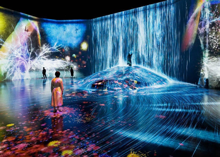 teamLab Exhibits: Universe of Water Particles on a Rock where People Gather  / What a Loving, and Beautiful World / Flowers and People, Cannot be Controlled but Live Together – A Whole Year per Hour (© teamLab)