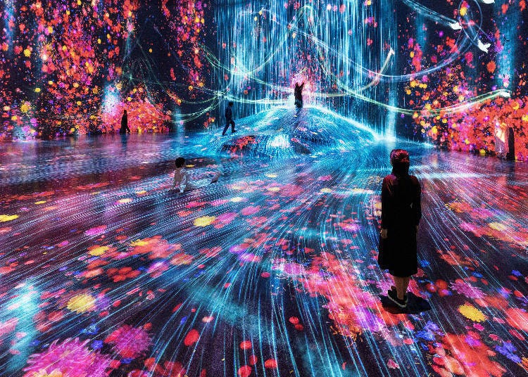 teamLab Exhibits: Universe of Water Particles on a Rock where People Gather / Flowers and People, Cannot be Controlled but Live Together – A Whole Year per Hour / Crows are Chased and the Chasing Crows are Destined to be Chased as well: Flying Beyond Borders (© teamLab)