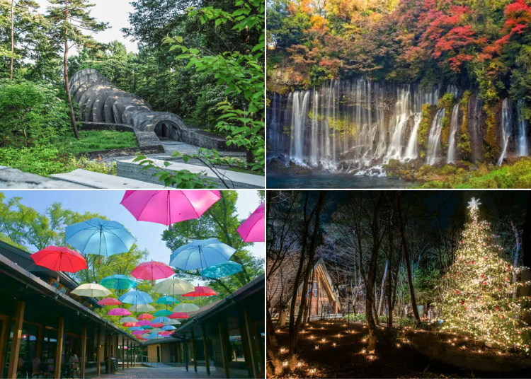 Top left: Stone Church, Bottom left: Yew Street Town, Bottom right: Highland Church (Photo: PIXTA) / Top right: Shiraito Falls (Photo: LIVE JAPAN Article #a0003648)