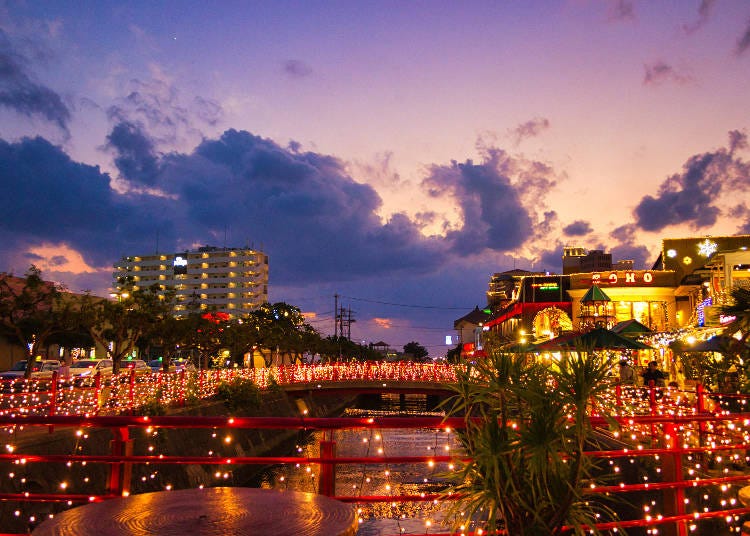 Naha in Okinawa is the best place to find good weather in December; places like American Village (above) are often decked out with lights for the season (Image: PIXTA)