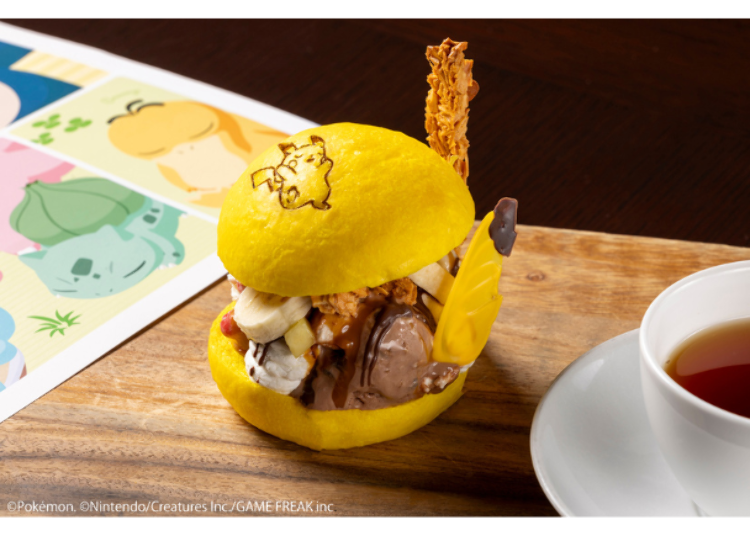 The Pikachu Dessert Burger is filled with fresh cream, banana, pineapple, chocolate sauce and salted caramel sauce. (4,400 yen)