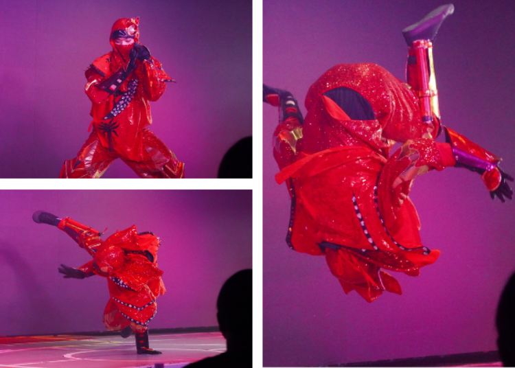A red ninja doing backflips and breakdancing moves