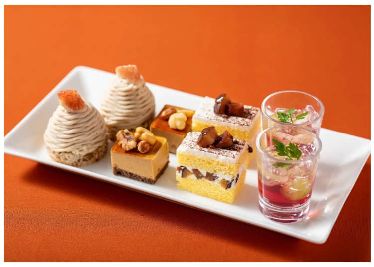 Top tier: Delightful Mont Blanc topped with figs, chestnut shortcake, and grape jelly. (Image: PR Times)