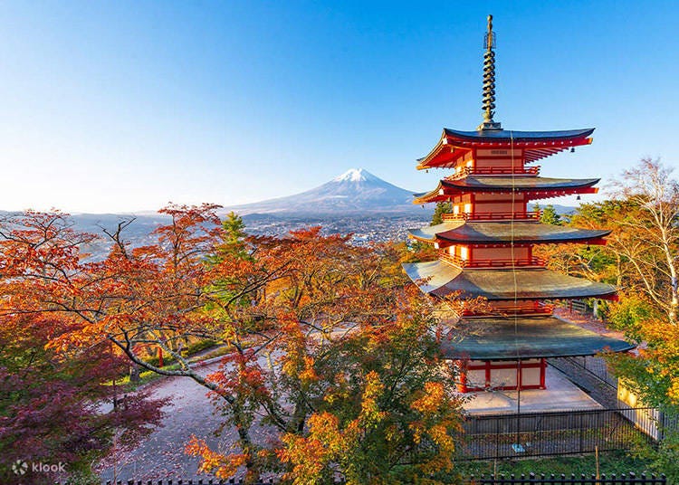 Mt Fuji and Chureito Pagoda as seen from Arakurayama Sengen Park (Image: Klook)