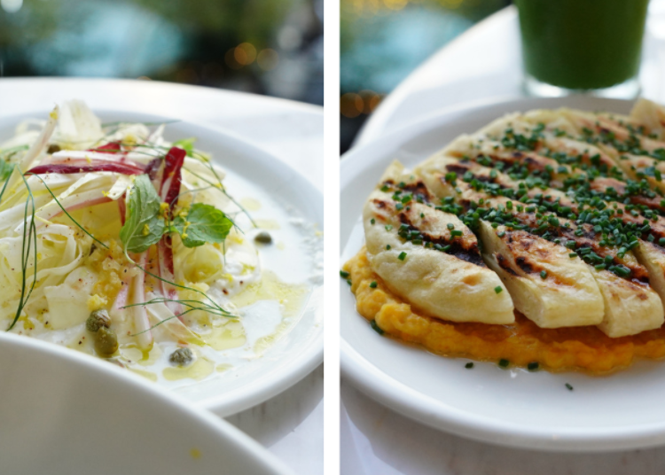 Left: (Lacto-Vegetarian, gluten-free) stracciatella, chicory and fennel salad, capers and mint 1,700 yen; Right: (Vegan) grilled flatbread, smashed chickpea and fermented pumpkin 1,500 yen
