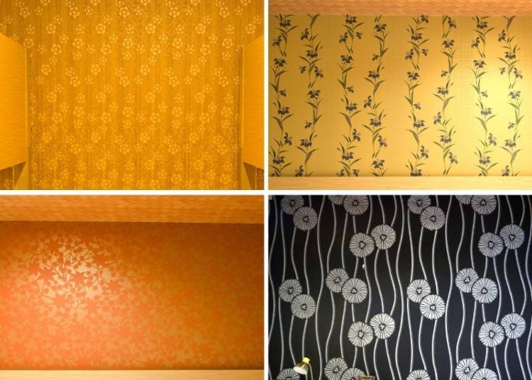 (Top left) Spring: Plum Blossoms, (Top right) Summer: Iris, (Bottom left) Autumn: Maple, (Bottom right) Winter: Pine Needle Chrysanthemum