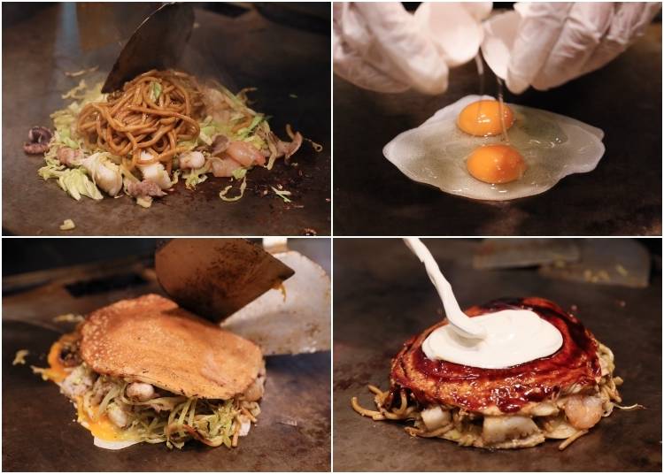 お好み焼と焼そばがひとつになった「モダン焼」