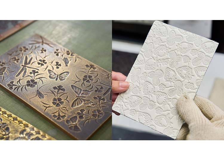 Copper plates imprint their rich, textured signature onto the leather, transforming it into a beautifully detailed canvas.
