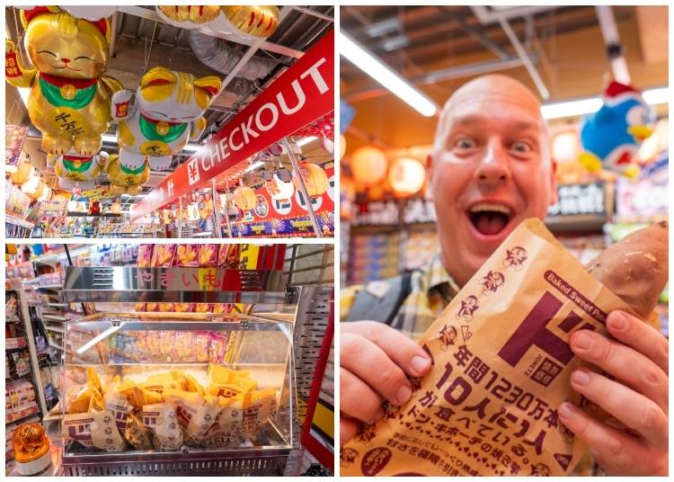 ▲ Maneki-neko balloons and festival lanterns adorn the interior. / This spud's for you! Timothy can't wait to nosh on a sweet potato from the display case.
