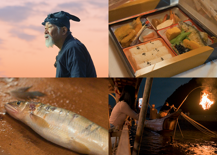 Top left photo: Cormorant fishermen give explanations on cormorant fishing before boarding the sightseeing boat. / Bottom left photo: You can see the various fish, including sweetfish, caught by the cormorants. / Top right photo: Enjoy cormorant fishing while savoring a lunchbox. / Bottom right photo: It’s your chance to take photos of the cormorant fishing up close!