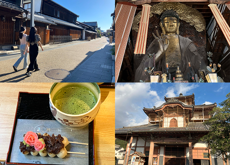 Top left photo: Stroll through the old townscape of Kawaramachi. / Bottom left photo: Rose sweet bean paste dango dumplings and matcha green tea at the Ryokusuian Kawaramachi shop. / Top right photo: The Gifu Great Buddha at Shoboji Temple. / Bottom right photo: Outside of Shoboji Temple.
