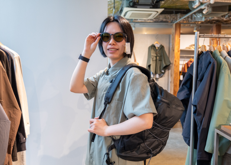 JINS &times; Snow Peak Collaboration Sunglasses; Active Field Light Backpack (Photo: Timothy Sullivan/LIVE JAPAN)
